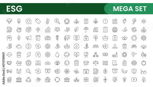 ESG flat line icon set. Outline icon collection related to ecology, environment social governance, risk management, sustainable developmen and more.