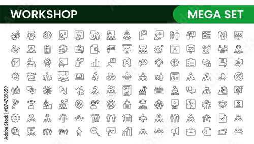 Set of Workshop and Coaching line icons. Outline icon collection related to training, coaching, mentoring, education, meetings, conferences, and teamwork.