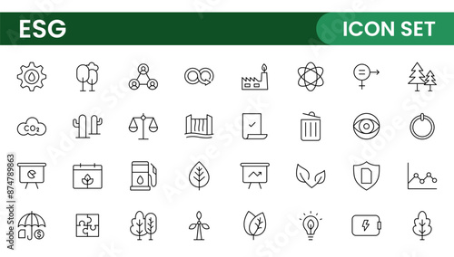 ESG flat line icon set. Outline icon collection related to ecology, environment social governance, risk management, sustainable developmen and more.