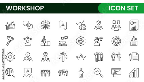 Set of Workshop and Coaching line icons. Outline icon collection related to training, coaching, mentoring, education, meetings, conferences, and teamwork.