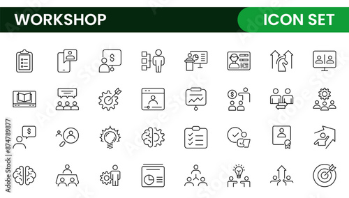 Set of Workshop and Coaching line icons. Outline icon collection related to training, coaching, mentoring, education, meetings, conferences, and teamwork.