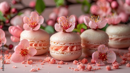   A group of macaroons resting atop a table adorned with pink sprinkles and blooming flowers © Shanti