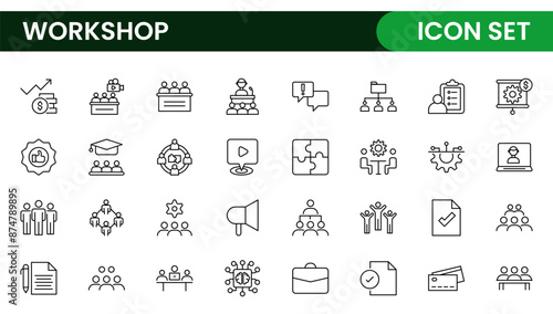 Set of Workshop and Coaching line icons. Outline icon collection related to training, coaching, mentoring, education, meetings, conferences, and teamwork.