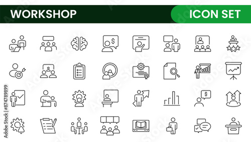 Set of Workshop and Coaching line icons. Outline icon collection related to training, coaching, mentoring, education, meetings, conferences, and teamwork.