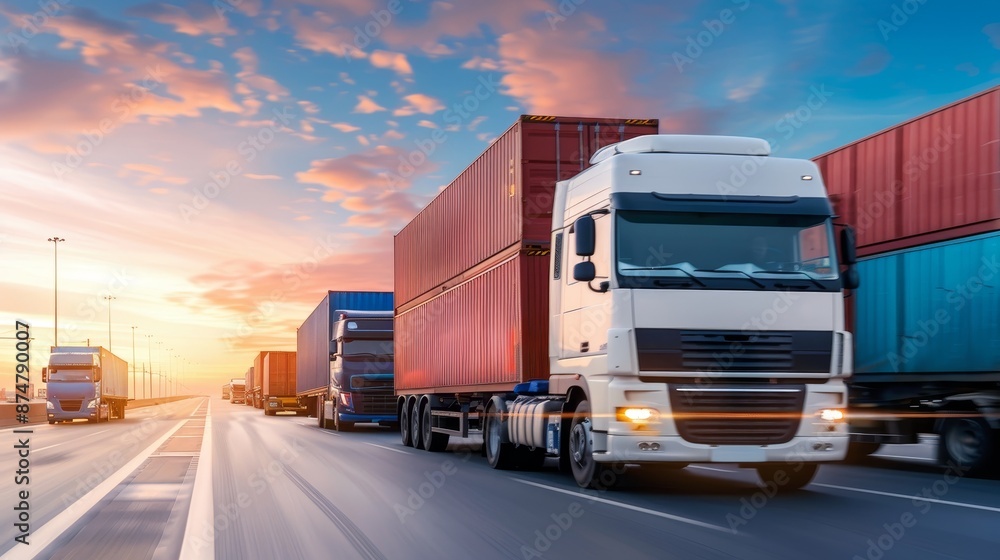 Freight trucks at a logistics hub, demonstrating rapid management and efficient cargo handling, modern technology enhancing speed and precision Freight trucks at a logistics hub, demonstrating rapid management and efficient cargo handling, modern technology enhancing speed and precision