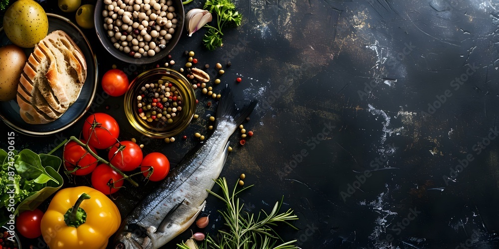 Healthy Mediterranean Diet Foods Flat Lay on Dark Background with Copy Space. Concept Healthy Eating, Mediterranean Diet, Food Photography, Flat Lay, Copy Space Healthy Mediterranean Diet Foods Flat Lay on Dark Background with Copy Space. Concept Healthy Eating, Mediterranean Diet, Food Photography, Flat Lay, Copy Space