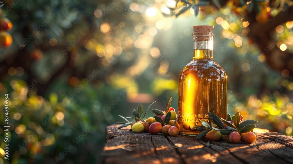 Olive Oil Bottle on Wooden Table Amidst Olive Forest: Mediterranean Essence Olive Oil Bottle on Wooden Table Amidst Olive Forest: Mediterranean Essence