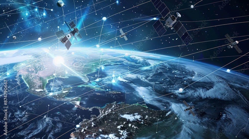 An array of satellites orbiting the Earth, illustrating the global connectivity enabled by space technology and telecommunications. An array of satellites orbiting the Earth, illustrating the global connectivity enabled by space technology and telecommunications.
