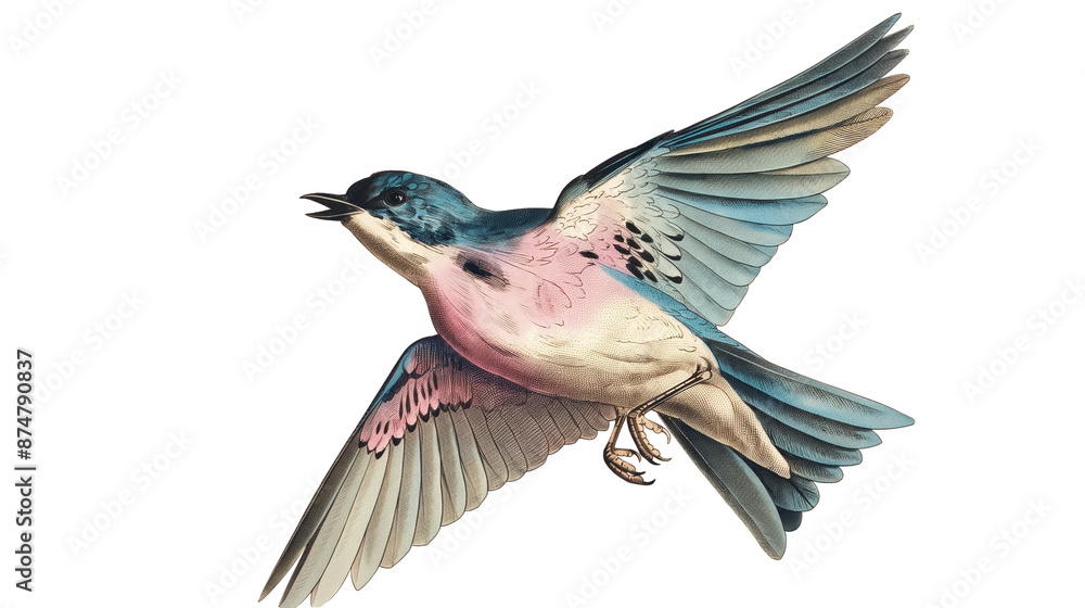 Fototapeta premium A bird is flying in the air with its wings spread wide isolated on a white background