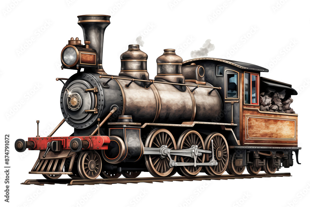 Naklejka premium Vintage steam locomotive illustration on transparent background, PNG style, perfect for digital art and design projects