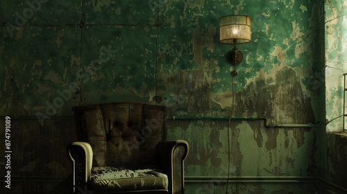 The walls are painted a sickly green and the furniture is mismatched and worn adding to the unsettling and alienated atmosphere.