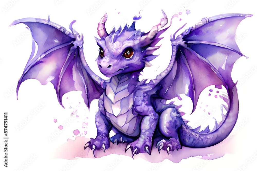 Fototapeta premium Cute purple dragon, watercolor painting