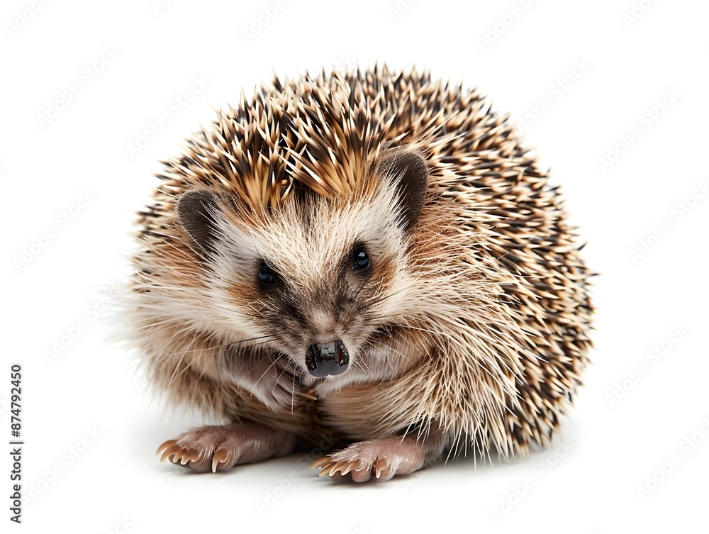 Obraz premium Detailed Curled Up Hedgehog on White Background Showcasing Its Spiny Coat
