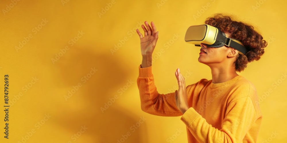 Woman Wearing VR Headset, Reaching Out in a Yellow World Woman Wearing VR Headset, Reaching Out in a Yellow World