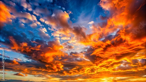 Vibrant orange clouds stretch across a brilliant blue sky, set ablaze by the fading sun, casting a warm glow on the serene landscape below. © Adisorn