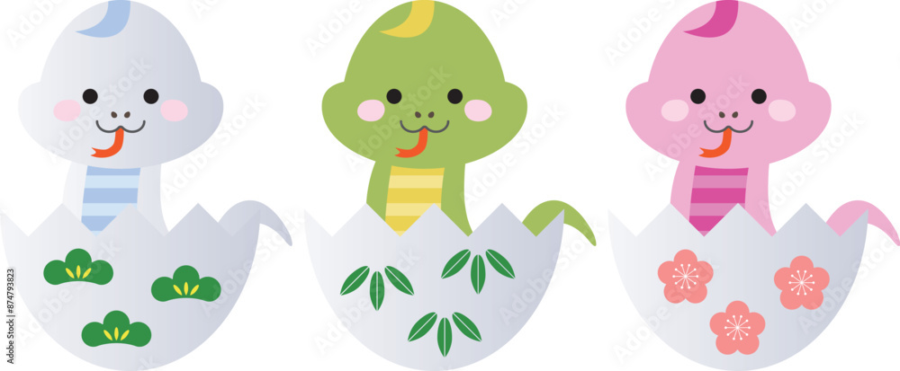 Obraz premium 松竹梅の卵から顔を出して笑う三匹のかわいいカラフルなヘビ