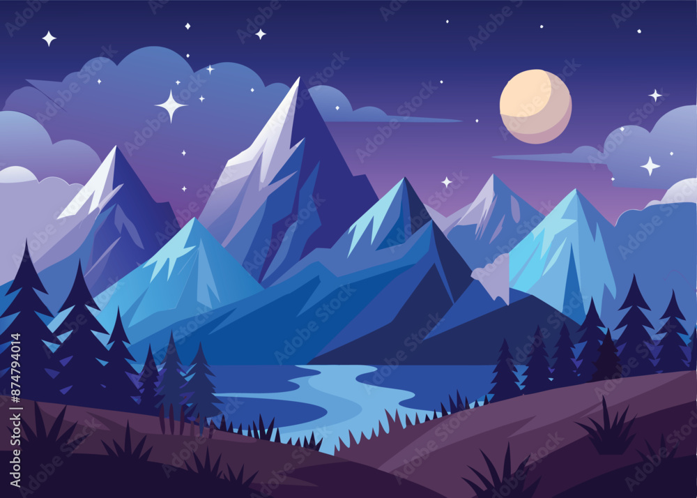 Fototapeta premium Moon shining over snowy mountains and lake at night illustration