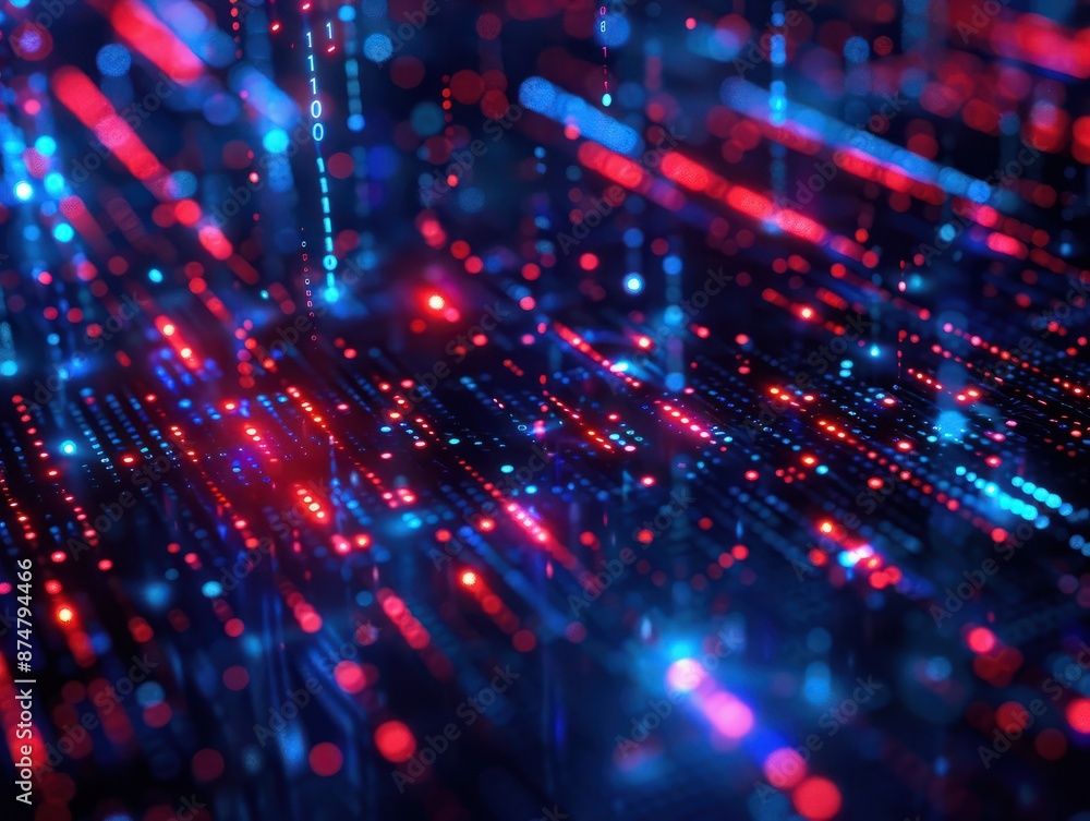 Glowing red and blue pixelated binary code encryption in digital data stream. Concept Digital Data Encryption, Red & Blue Glowing Pixels, Binary Code Encryption, Data Stream Visuals Glowing red and blue pixelated binary code encryption in digital data stream. Concept Digital Data Encryption, Red & Blue Glowing Pixels, Binary Code Encryption, Data Stream Visuals