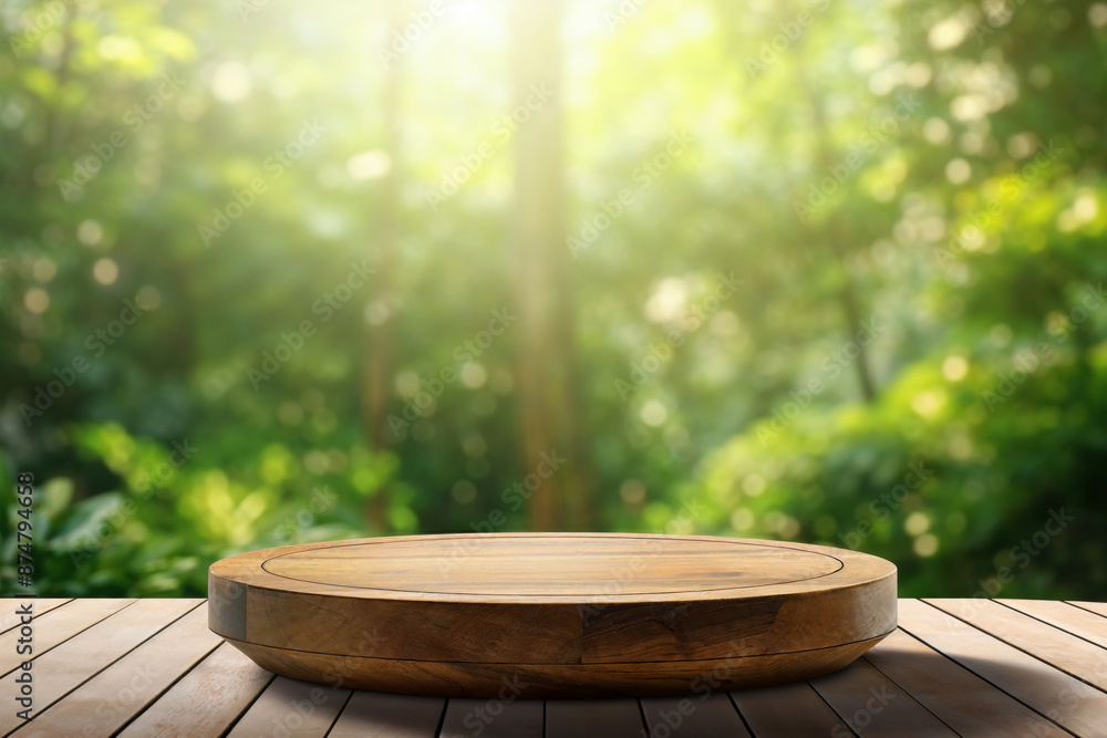 Empty round wooden tray placed on a table with sunlight and a blurred green garden background, perfect for showcasing products Empty round wooden tray placed on a table with sunlight and a blurred green garden background, perfect for showcasing products