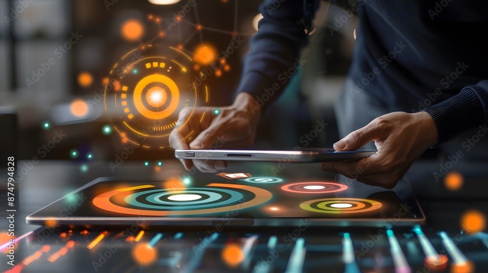 Obraz premium Tablet with target customer icons in businessman's hand, emphasizing data-driven marketing