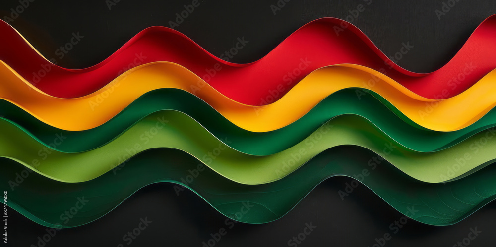 Red, yellow, and green paper waves are arranged on a black background. Red, yellow, and green paper waves are arranged on a black background.