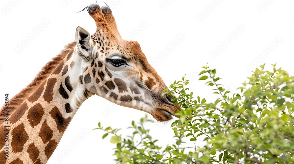 Fototapeta premium A majestic giraffe gracefully eating leaves from a tall tree against a white background