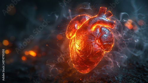 The single, detailed heart stands out dramatically against the deep black background and smoke.