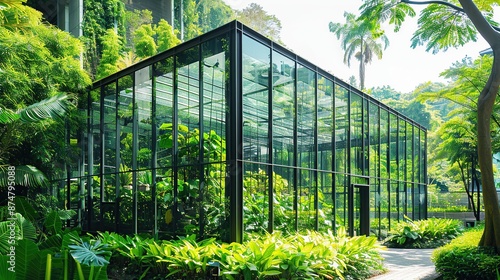 Modern Glass Greenhouse Surrounded by Lush Greenery © Witri