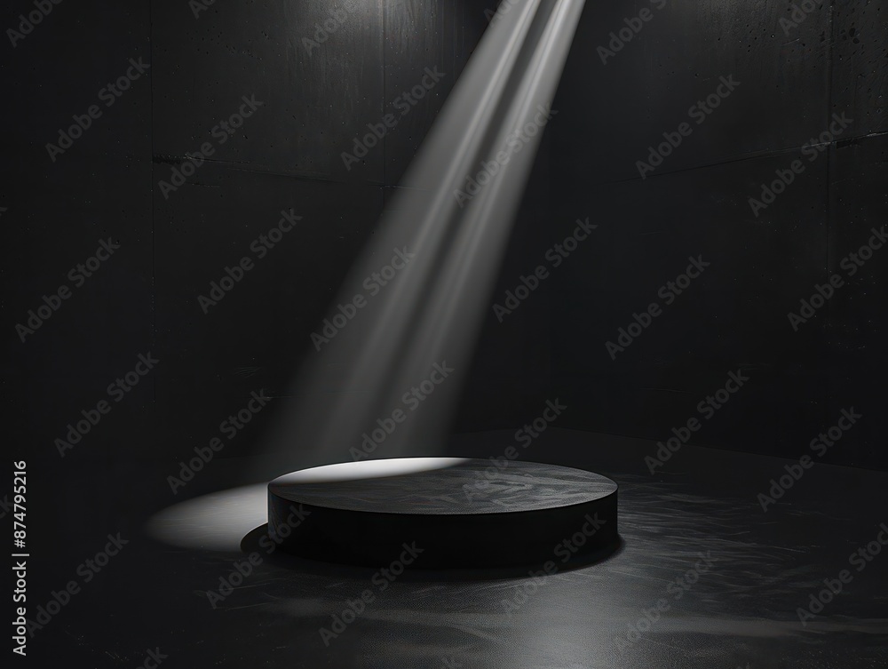 Product showcase with spotlight. Black studio room background. Use as ...