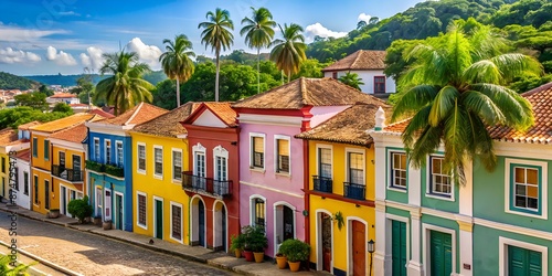 Vibrant facades of historic colorful houses line cobblestone streets in Olinda's charming historic center, showcasing traditional architecture amidst lush greenery in Pernambuco, Brazil.