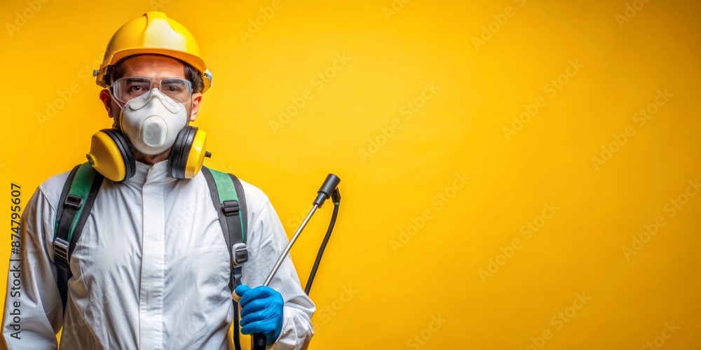 Pest Control Worker in Protective Gear on a Yellow Background Pest Control Worker in Protective Gear on a Yellow Background