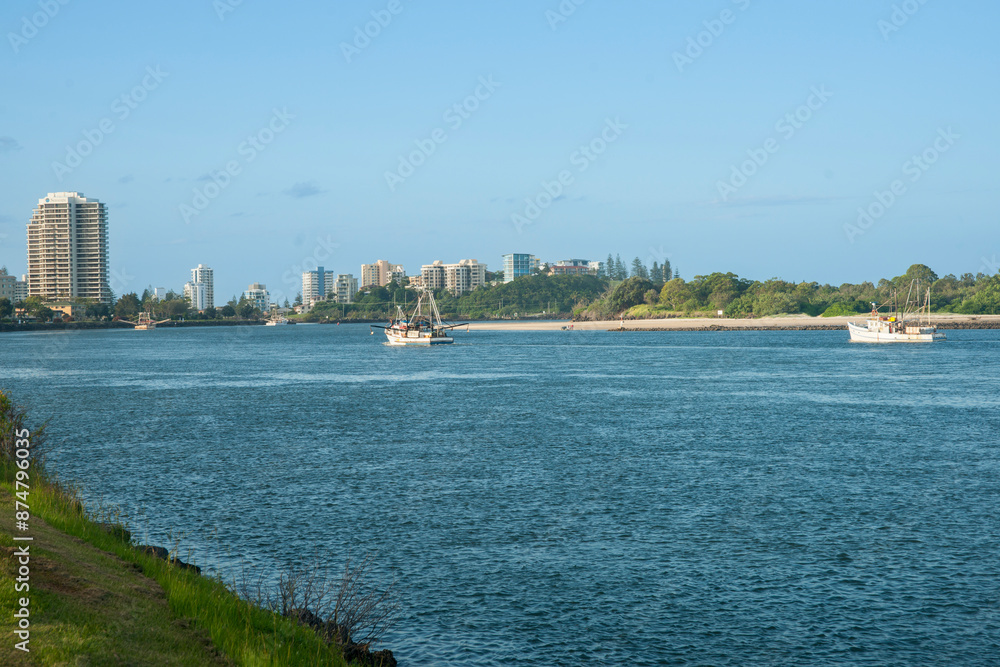 Tweed River and city with prawn boats heading out, Tweed River and city with prawn boats heading out,