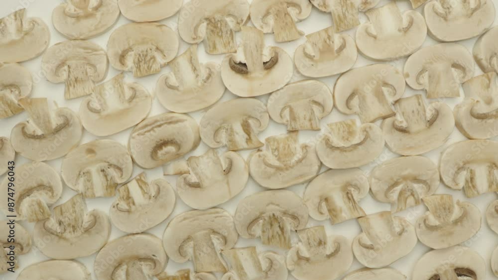 Sliced uncooked fresh champignon mushrooms rotating on a white background Sliced uncooked fresh champignon mushrooms rotating on a white background