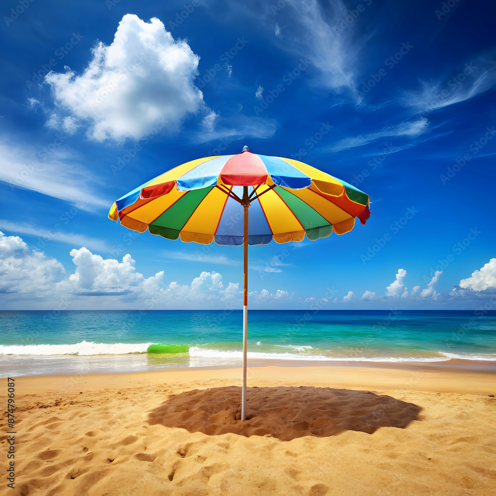 Rainbow arching over a coastal beach with colorful beach umbrellas Rainbow arching over a coastal beach with colorful beach umbrellas