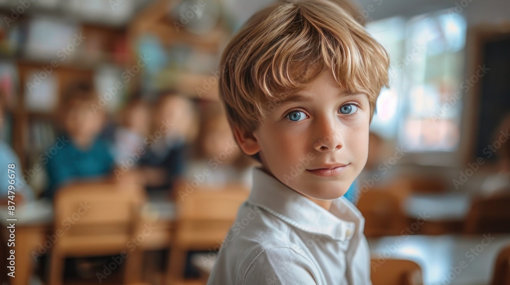 Schoolboy sitting at his desk against blurred classroom background Schoolboy sitting at his desk against blurred classroom background
