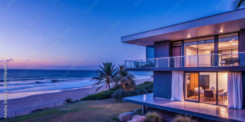 Fototapeta premium Modern Beach House with Ocean View at Dusk