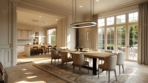 Minimalist dining room with wooden table, beige chairs, simple chandelier.