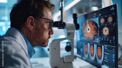 Realistic photograph of ophthalmologist using OCT scanner to examine patient's retina, close-up of device and retinal images on computer screen.