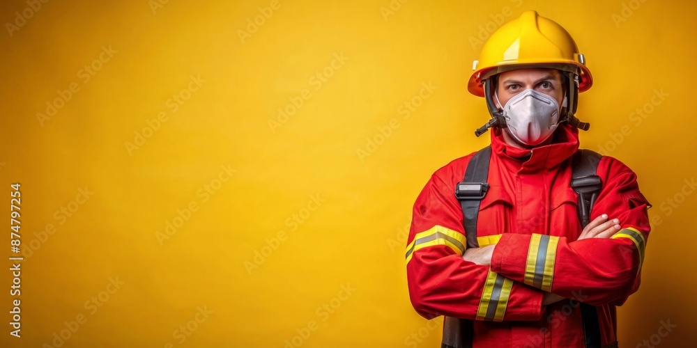 Firefighter in Protective Gear Standing Against a Yellow Wall Firefighter in Protective Gear Standing Against a Yellow Wall
