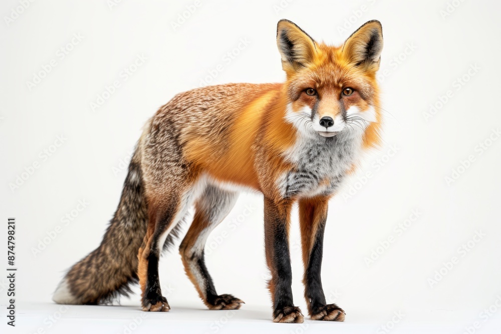 Fototapeta premium A red fox stands on a white backdrop, its bushy tail curled behind it. The fox looks directly at the camera with a curious expression