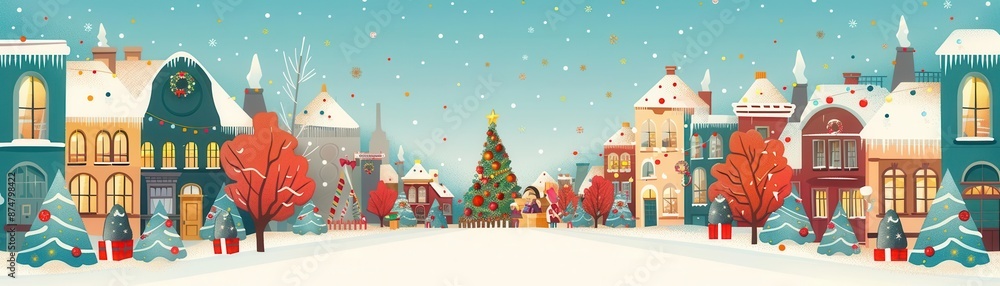 Obraz premium Festive winter street scene with decorated Christmas tree, vibrant houses, and falling snow creating a magical holiday atmosphere.