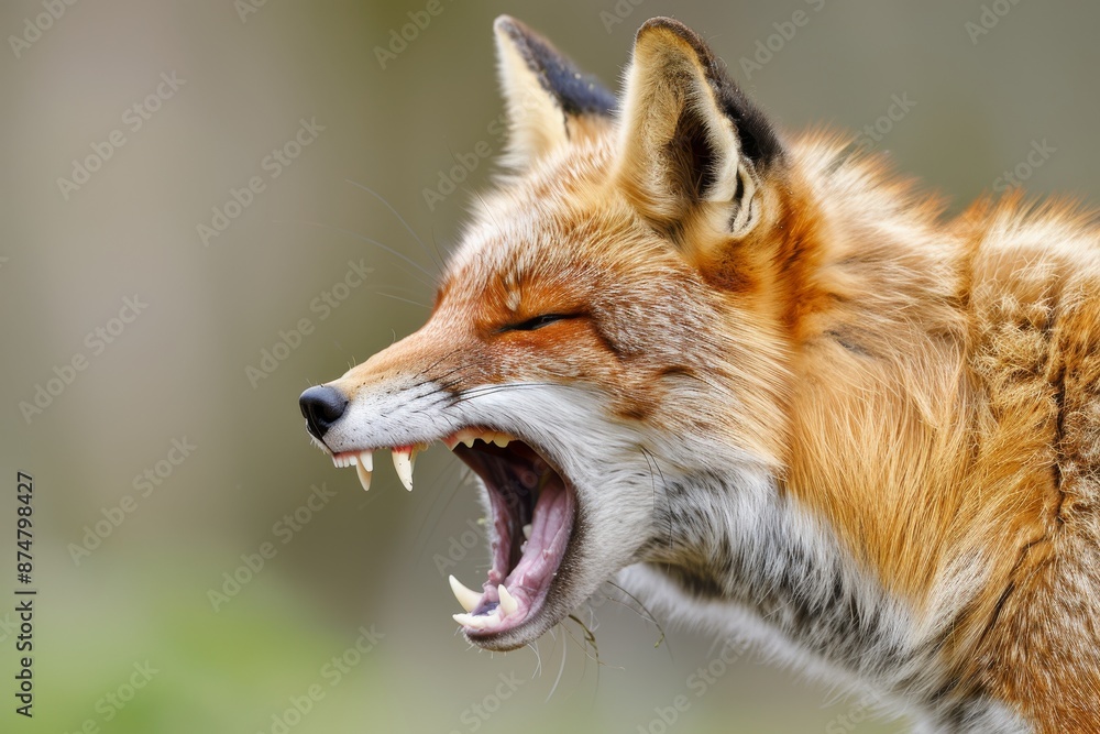 A wild red fox snarls with its mouth open and teeth exposed, showing its dominance and territorial nature. The fox's fur is a vibrant red and white, and its eyes are closed as it growls A wild red fox snarls with its mouth open and teeth exposed, showing its dominance and territorial nature. The fox's fur is a vibrant red and white, and its eyes are closed as it growls