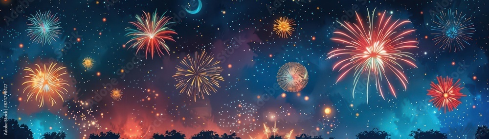 Fototapeta premium Heritage festival fireworks, joyful night, flat design illustration