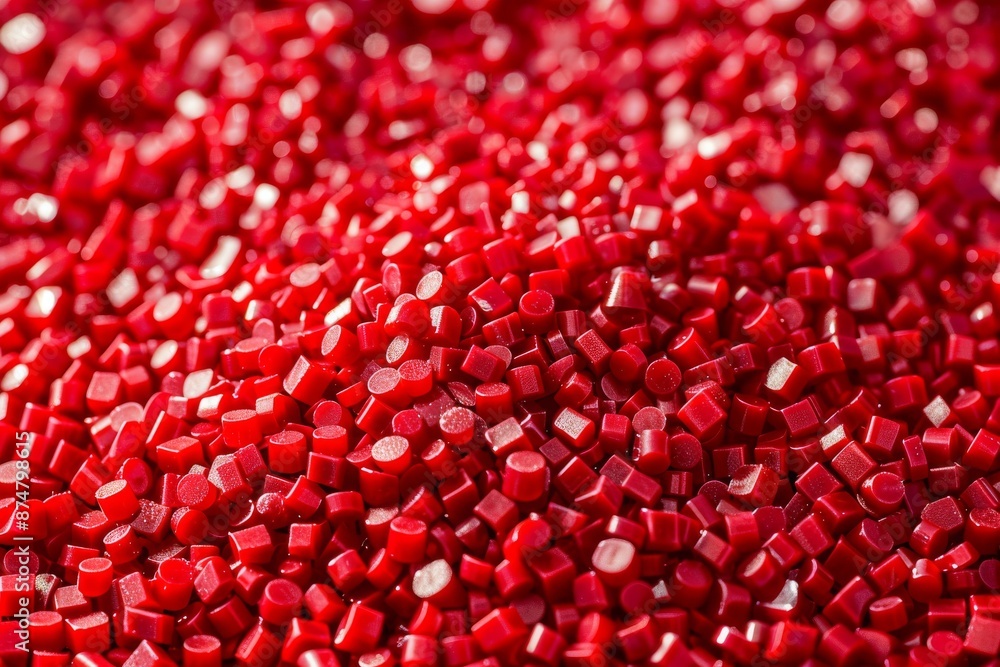 A close-up photograph showcases a dense collection of red polymer granules. The macro image captures the smooth glossy surface and uniform size of the granules A close-up photograph showcases a dense collection of red polymer granules. The macro image captures the smooth glossy surface and uniform size of the granules