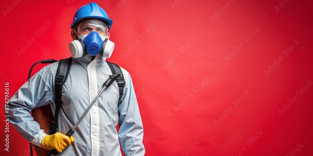 Pest Control Worker in Protective Gear Against Red Background Pest Control Worker in Protective Gear Against Red Background