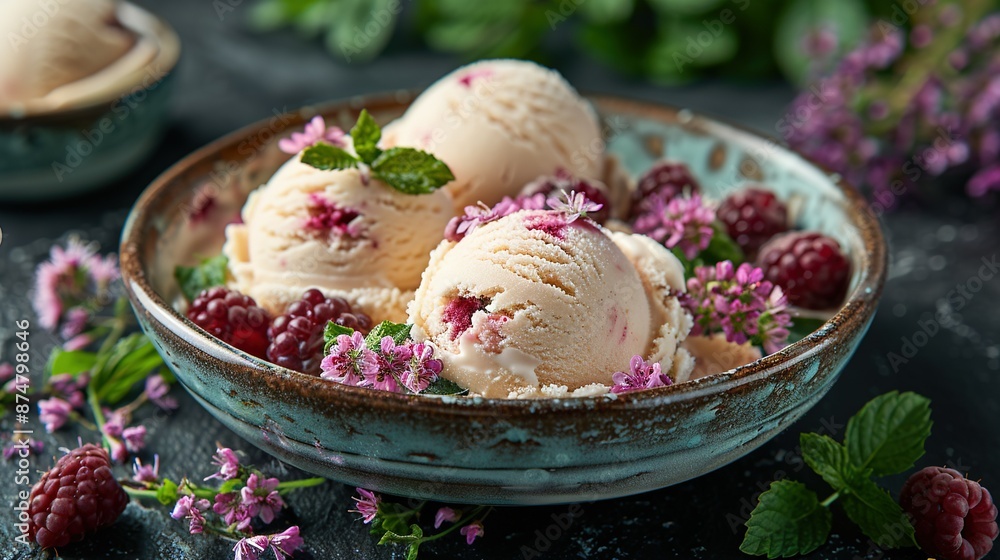 A bowl with three scoops of ice cream topped with fresh raspberries and mint sprigs A bowl with three scoops of ice cream topped with fresh raspberries and mint sprigs