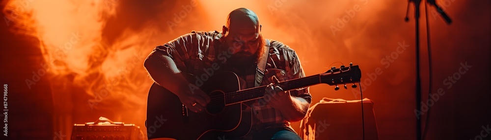 Fototapeta premium Passionate Overweight Musician Performing on Stage Spotlight Highlighting His Talent and Dedication