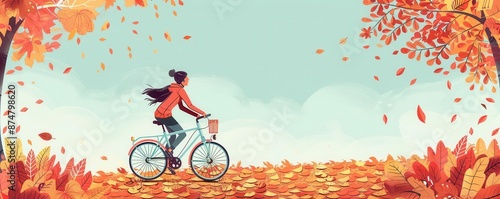 Joyful cyclist on leafcovered path, flat design illustration photo