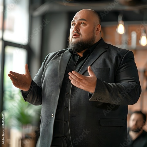 Overweight Business Executive Giving Engaging Presentation to Attentive Audience in Modern Corporate Office Setting