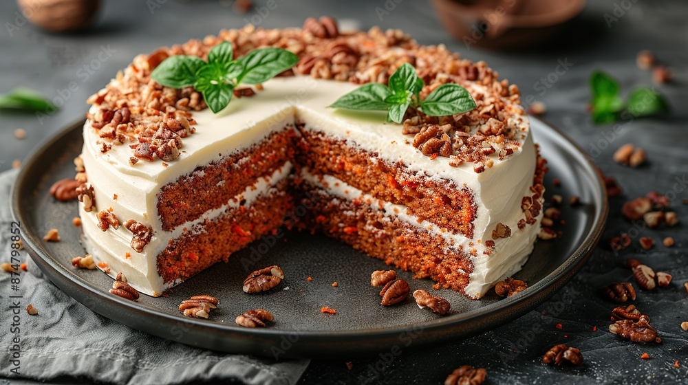 A cake on a plate with a slice removed and pecans nearby A cake on a plate with a slice removed and pecans nearby